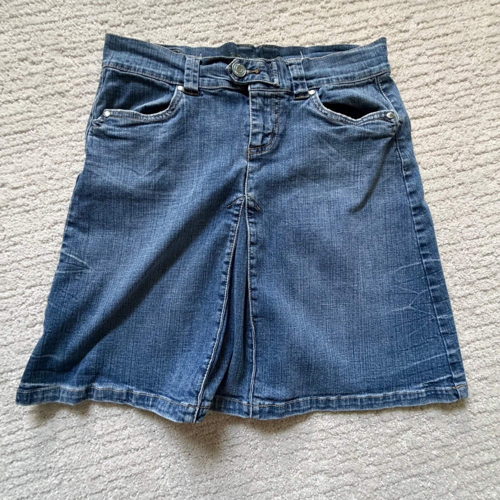 Hydraulic Denim Mini Skirt Medium Wash Y2K Pleated Blue Jean Skirt Size 7/8
